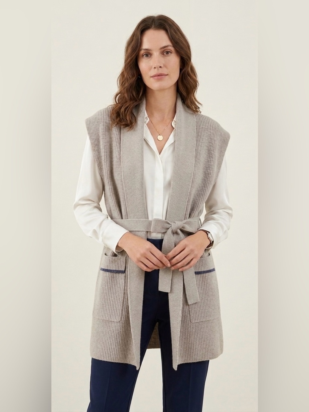 Revolve En Saison Beige Belted Sleeveless Longline Cardigan Vest with Pocket